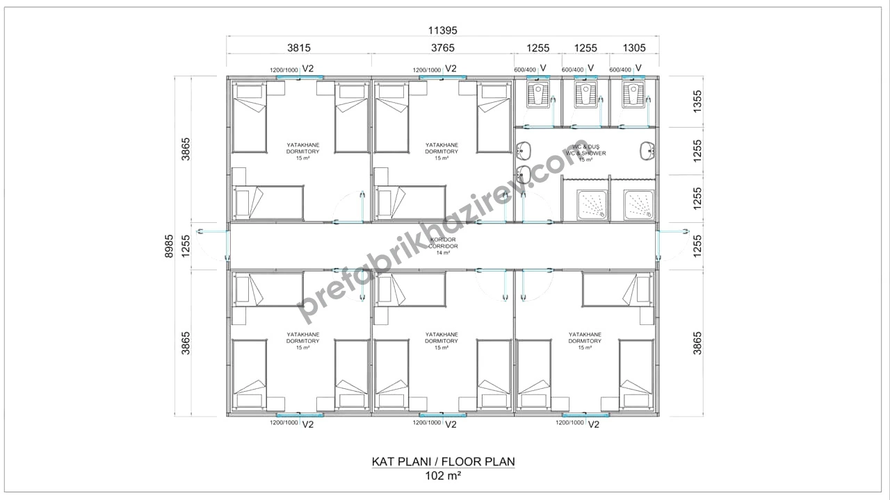 102m2 Prefabrik Yatakhane Planı 102 metrekare prefabrik yatakhane yerleşim planı