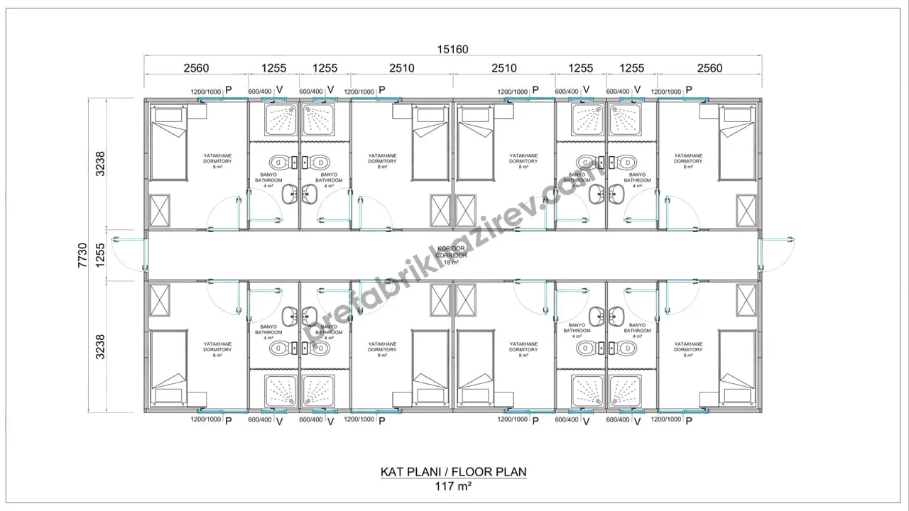 117m2 Prefabrik Yatakhane Planı 117 metrekare prefabrik yatakhane yerleşim planı