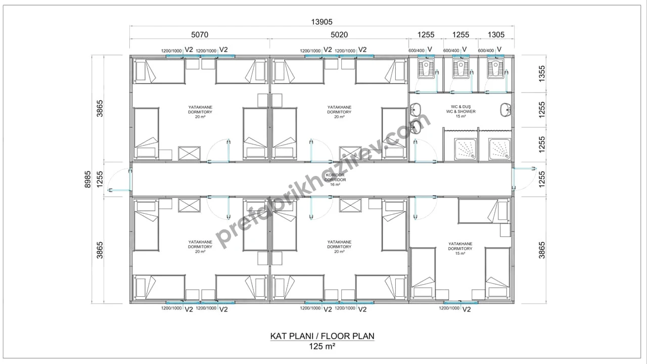 125m2 Prefabrik Yatakhane Planı 125 metrekare prefabrik yatakhane yerleşim planı