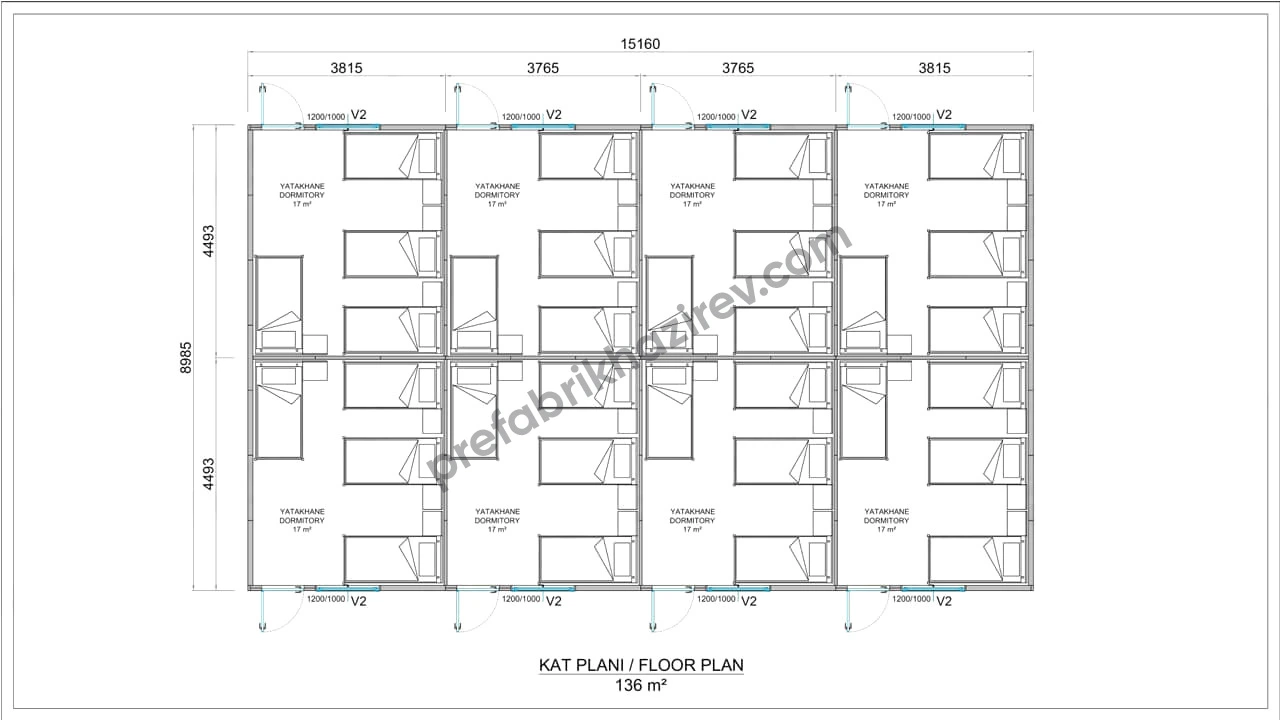 136m2 Prefabrik Yatakhane Planı 136 metrekare prefabrik yatakhane yerleşim planı