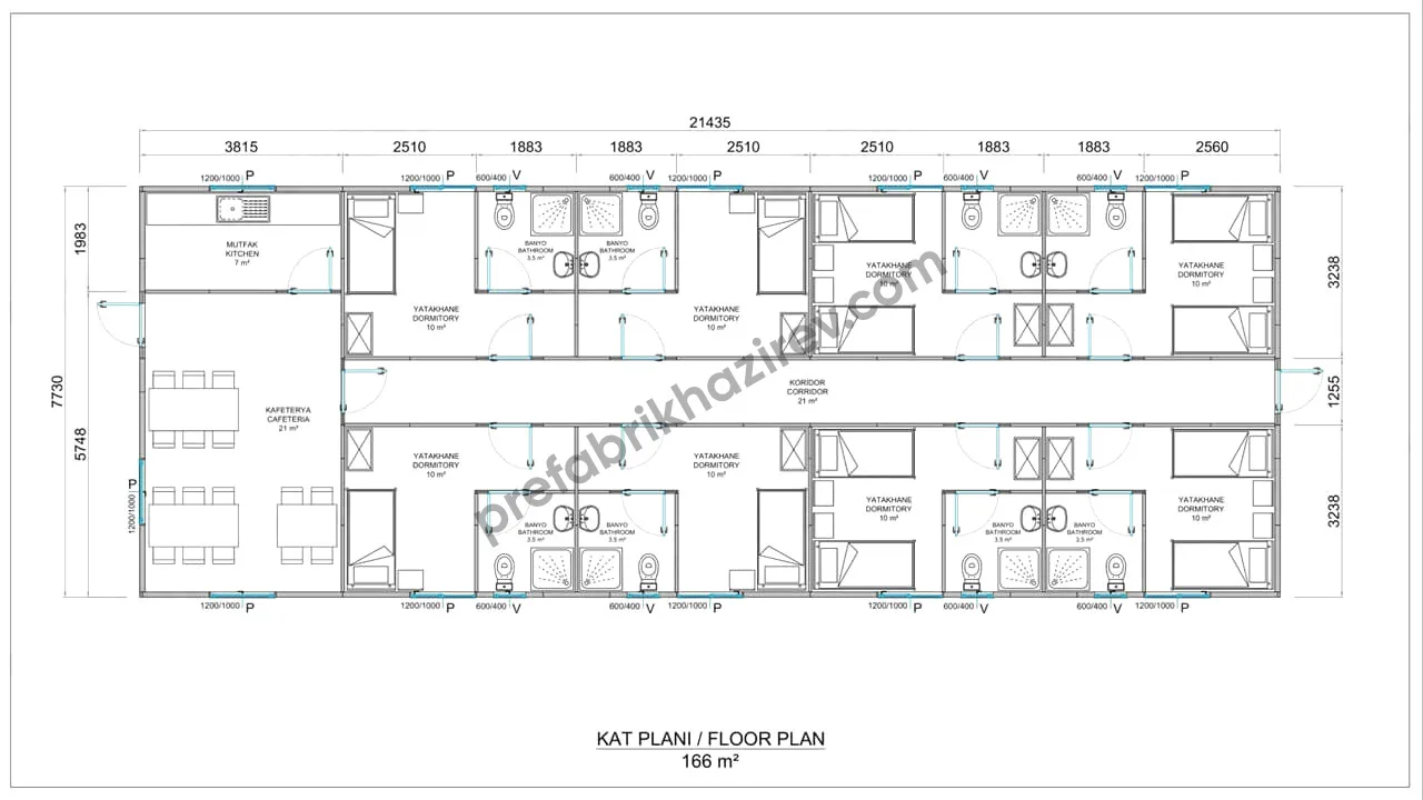 166m2 Prefabrik Yatakhane Planı 166 metrekare prefabrik yatakhane yerleşim planı
