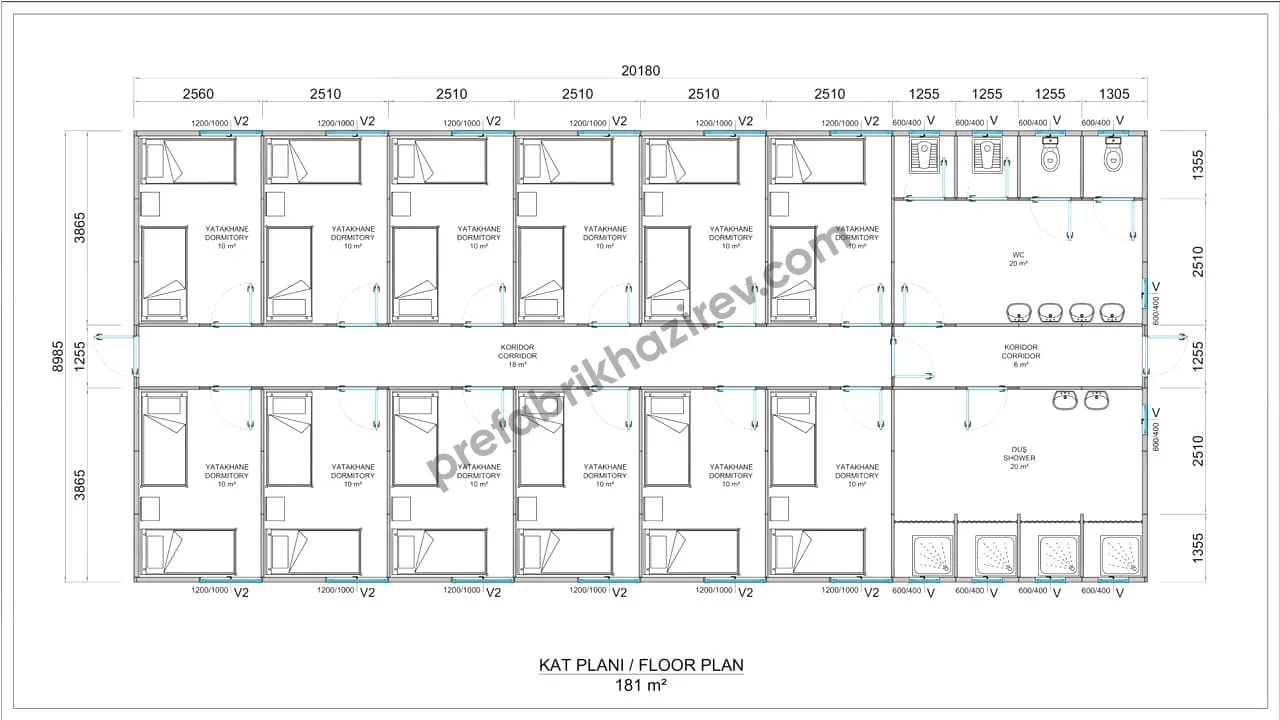 181m2 Prefabrik Yatakhane Planı