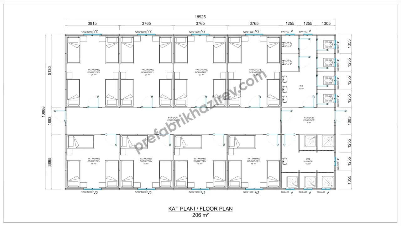 206m2 Prefabrik Yatakhane Planı 206 metrekare prefabrik yatakhane yerleşim planı