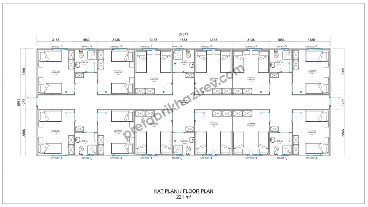 221m2 Prefabrik Yatakhane Planı 221 metrekare prefabrik yatakhane yerleşim planı