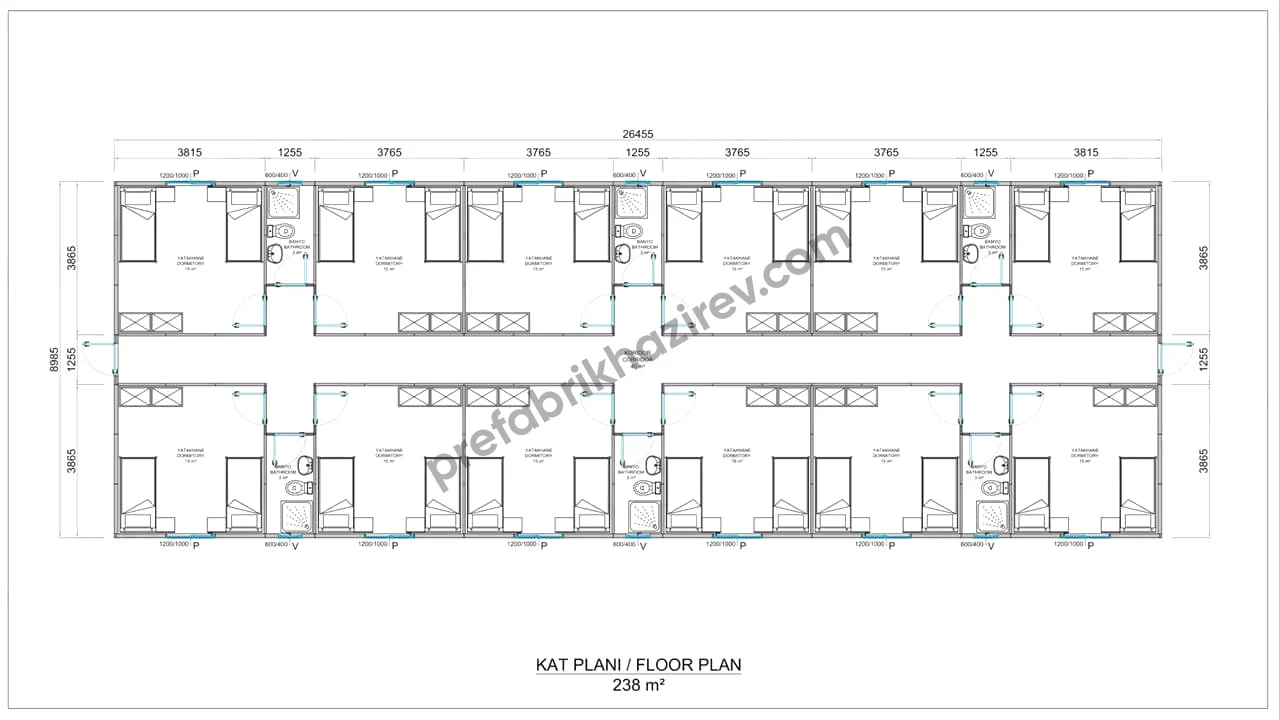 238m2 Prefabrik Yatakhane Planı 238 metrekare prefabrik yatakhane yerleşim planı