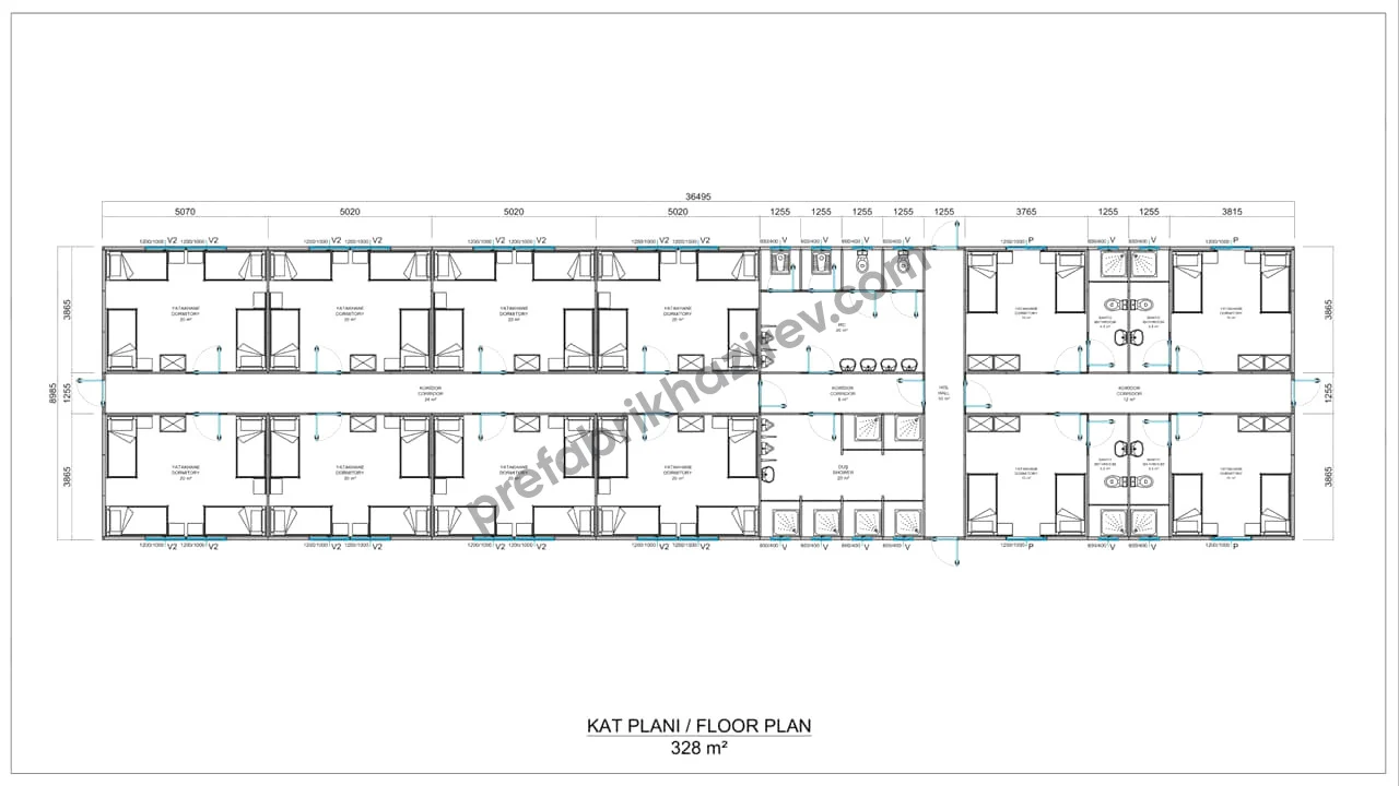 328m2 Prefabrik Yatakhane Planı 328m2 Prefabrik Yatakhane Planı