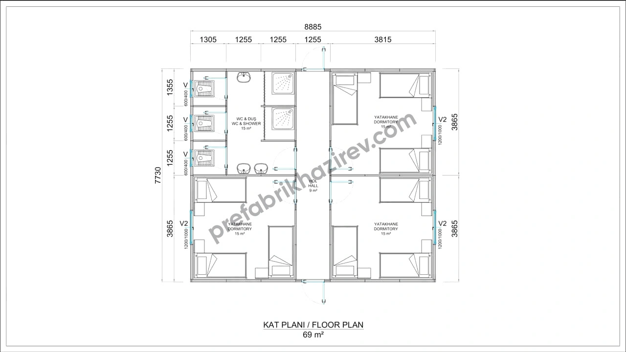 69m2 Prefabrik Yatakhane Planı 69m2 Prefabrik Yatakhane Planı
