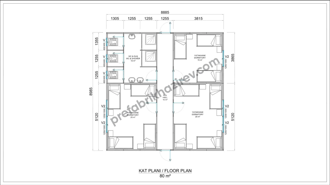 80m2 Prefabrik Yatakhane Planı 80 metrekare prefabrik yatakhane yerleşim planı