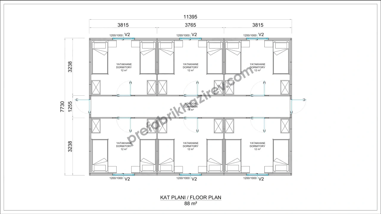 88m2 Prefabrik Yatakhane Planı