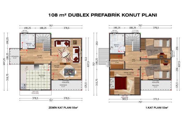 108m2 Prefabrik ev fiyatları planı