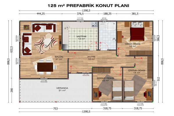 125m2 Çelik Ev 1 125m2 Çelik ev Fiyatları Planı