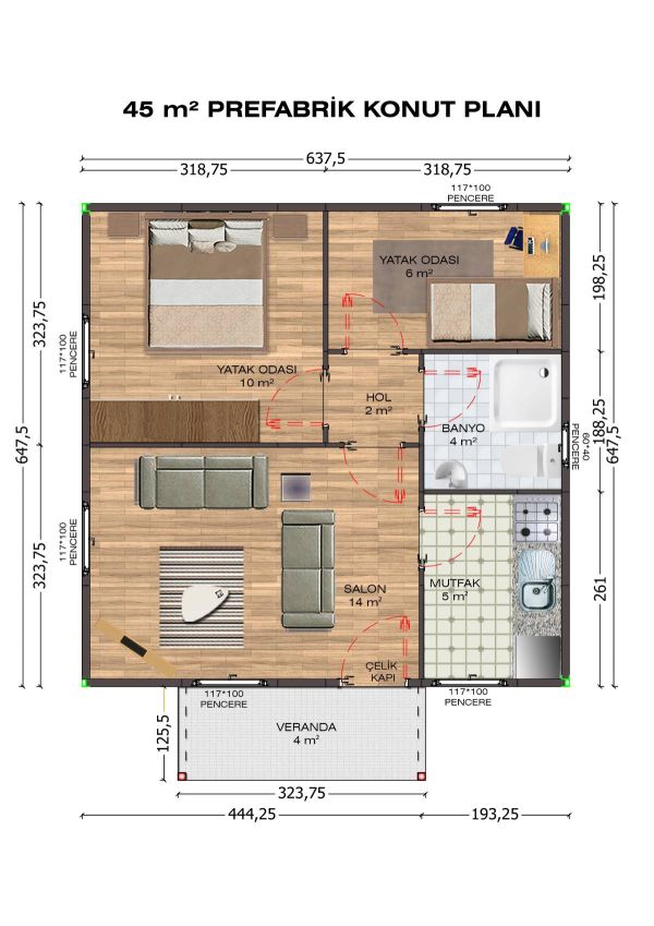 45m2 Prefabrik ev fiyatları planı