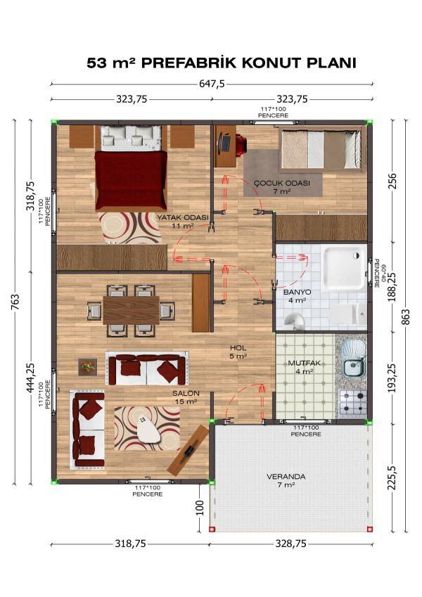 53m2 Prefabrik ev fiyatları planı