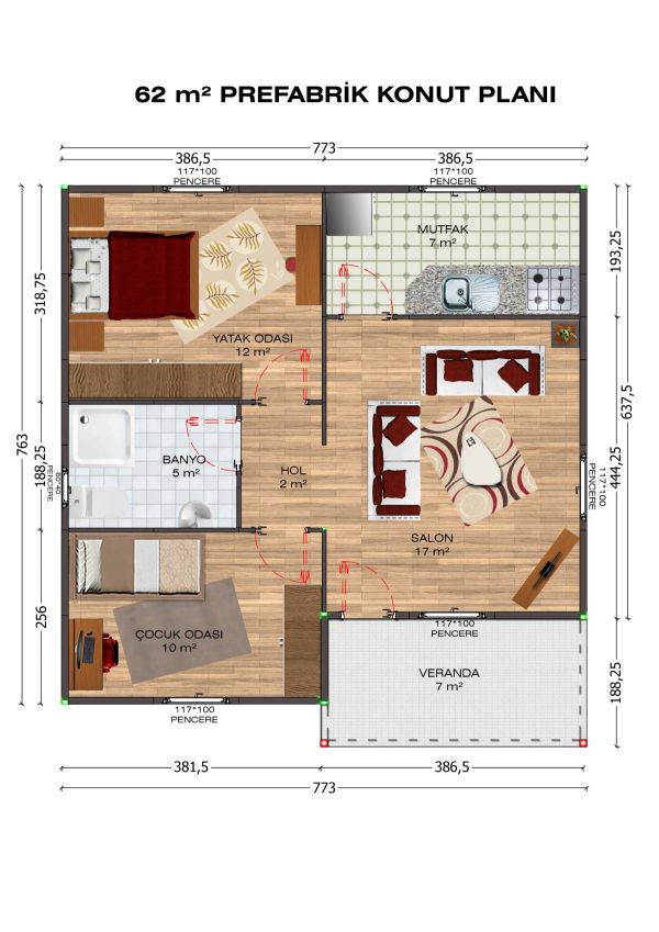 62m2 Prefabrik ev fiyatları planı