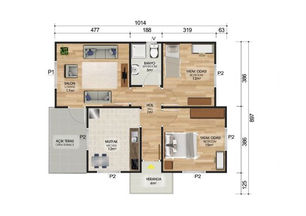 72m2 prefabrik ev planı