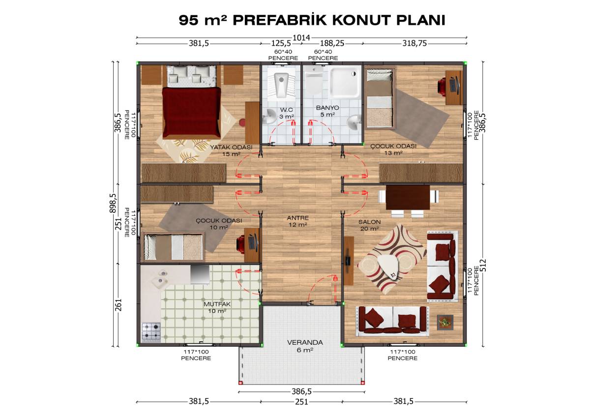 95m2 Prefabrik ev fiyatları planı