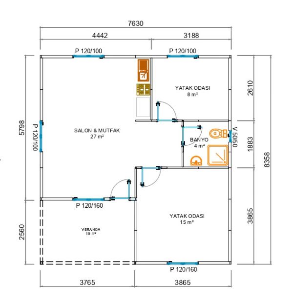 64m2 Prefabrik Ev 1 64m2 Prefabrik ev Planı